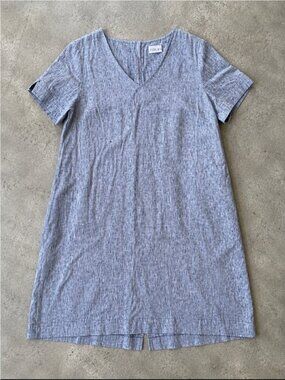 FOIL Linen Blend Shift Dress Woman 12 Gray Blue V Neck Pockets Minimalist Office